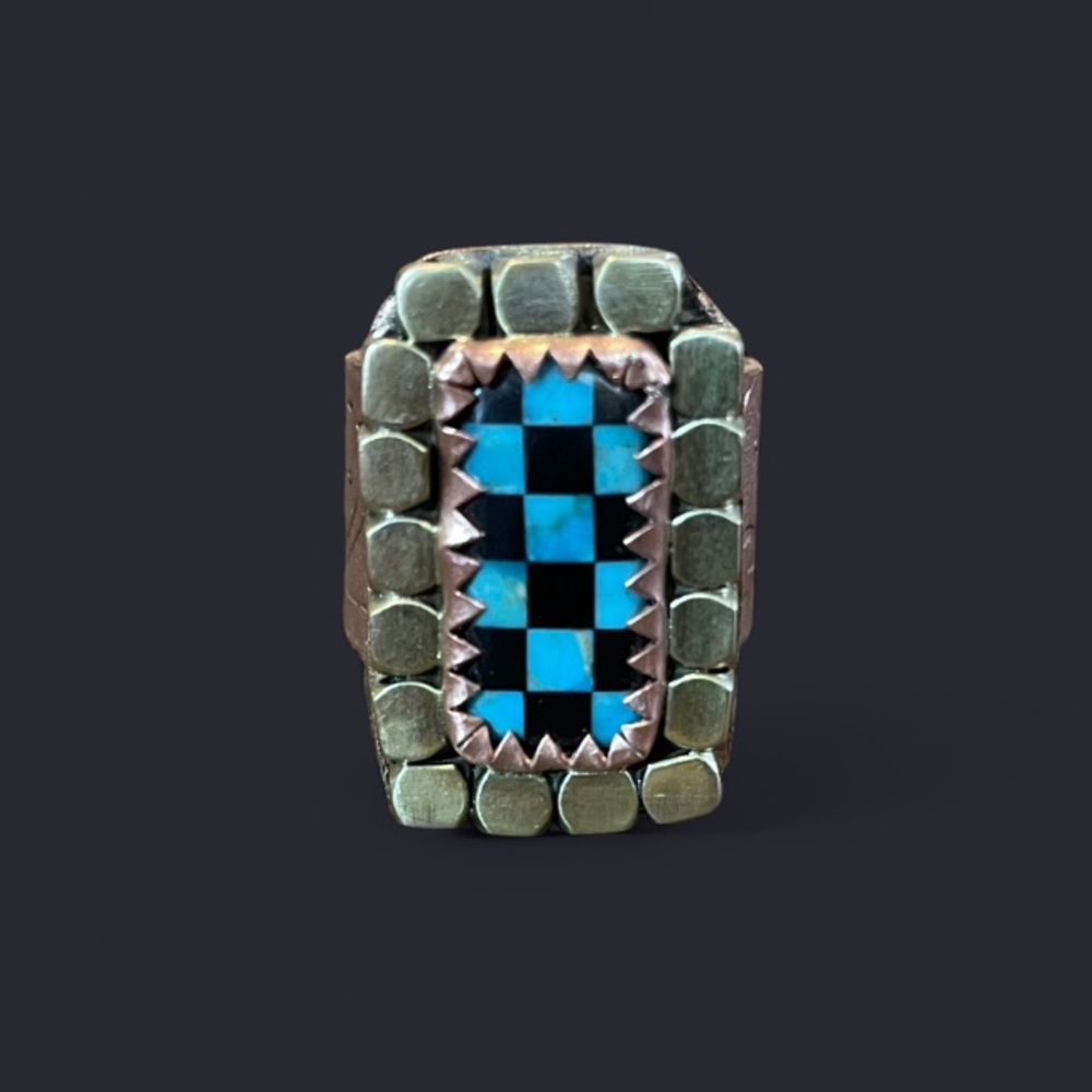 Turquoise & Onyx Checkerboard Ring – Mixed Metal Statement Ring, Size 7.5 - Picture 5 of 6